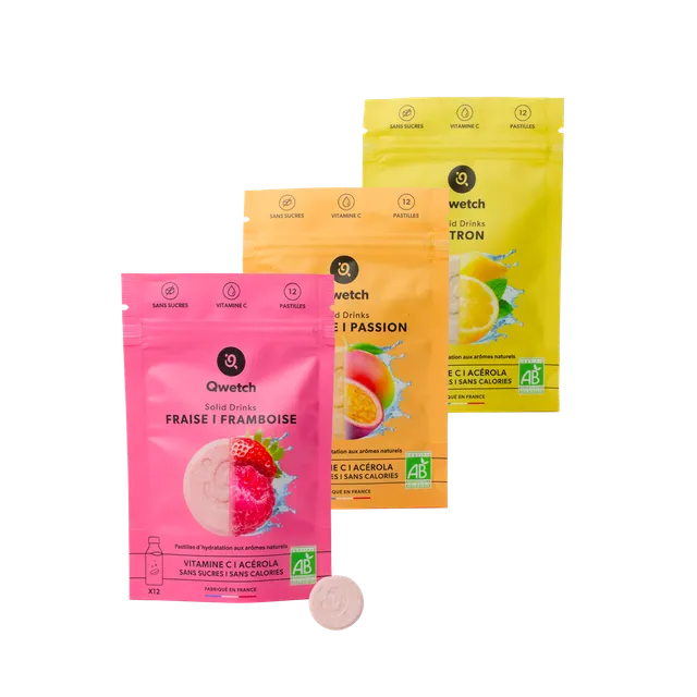 Qwetch Solid Drinks tablety do vody sada 3 příchutí bio vitamin C