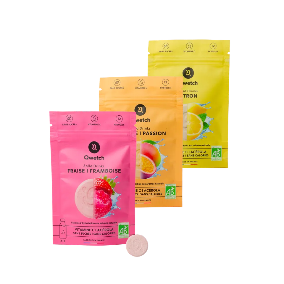 Qwetch Solid Drinks tablety do vody sada 3 příchutí bio vitamin C