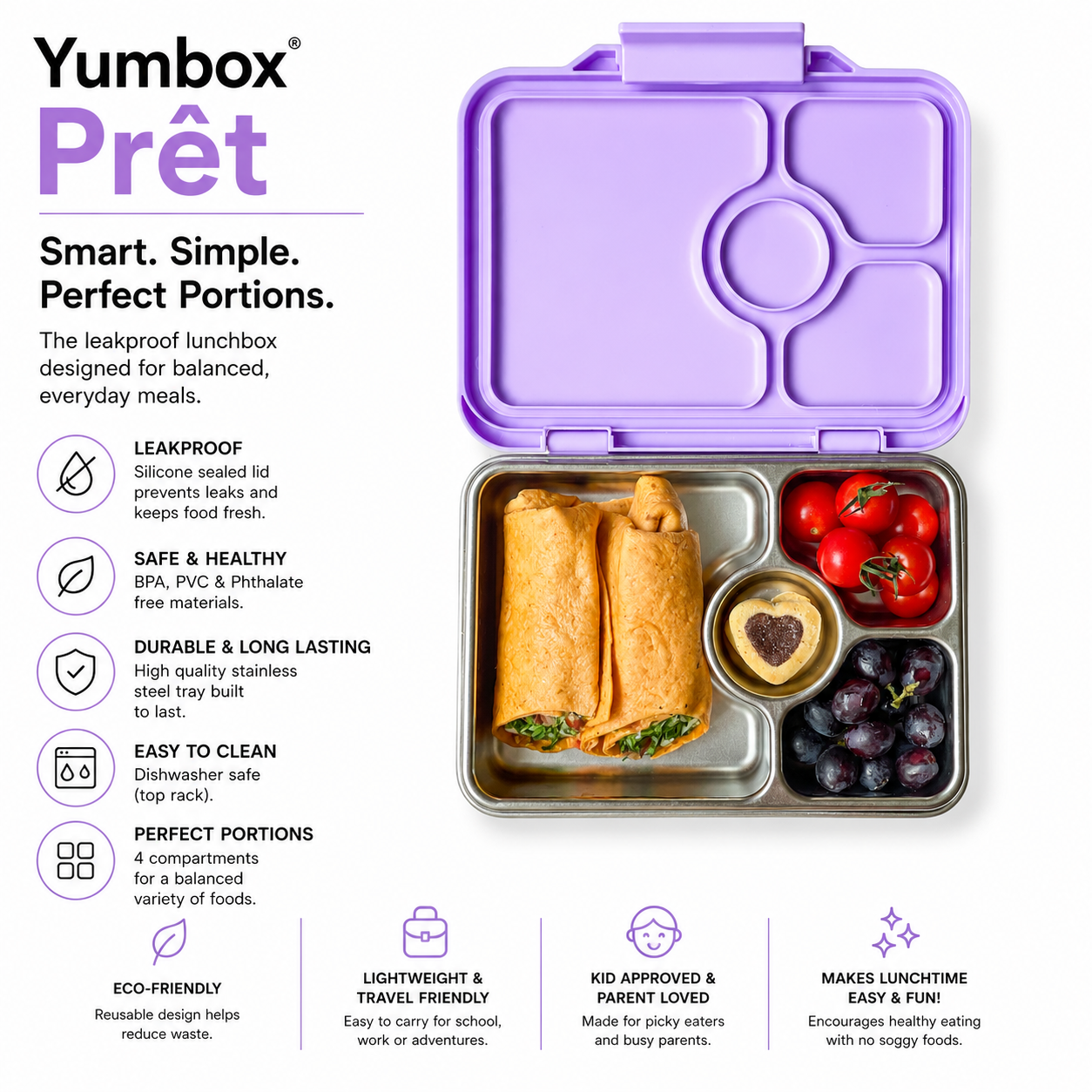 Yumbox Prêt nerezový bento box Lavande Purple 4 přihrádky