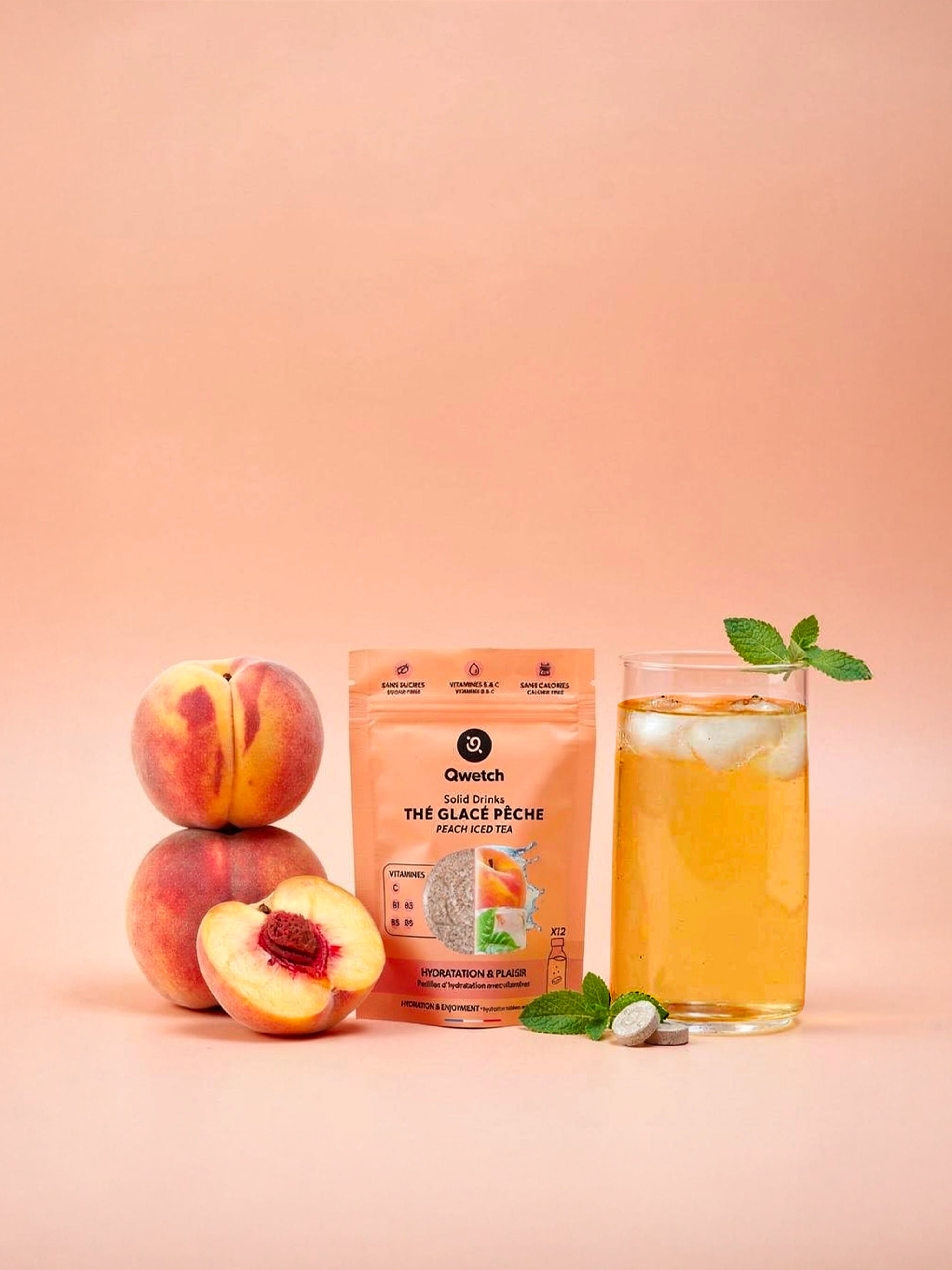 Qwetch Solid Drinks tablety do vody ledový čaj broskev 3 ks vitamin