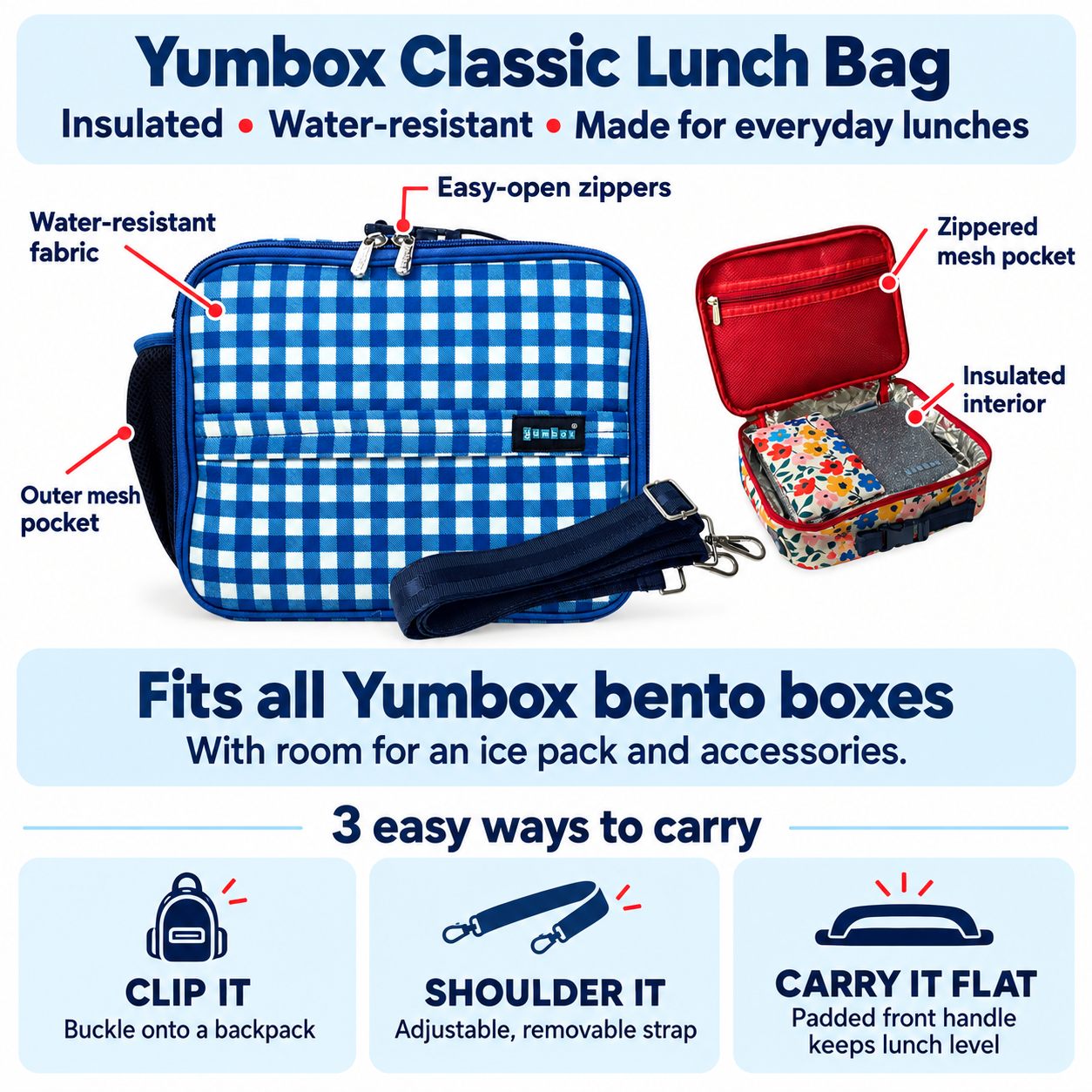 Yumbox Insulated Large Lunch Bag 3-Way Carry termo taška Vichy Blue