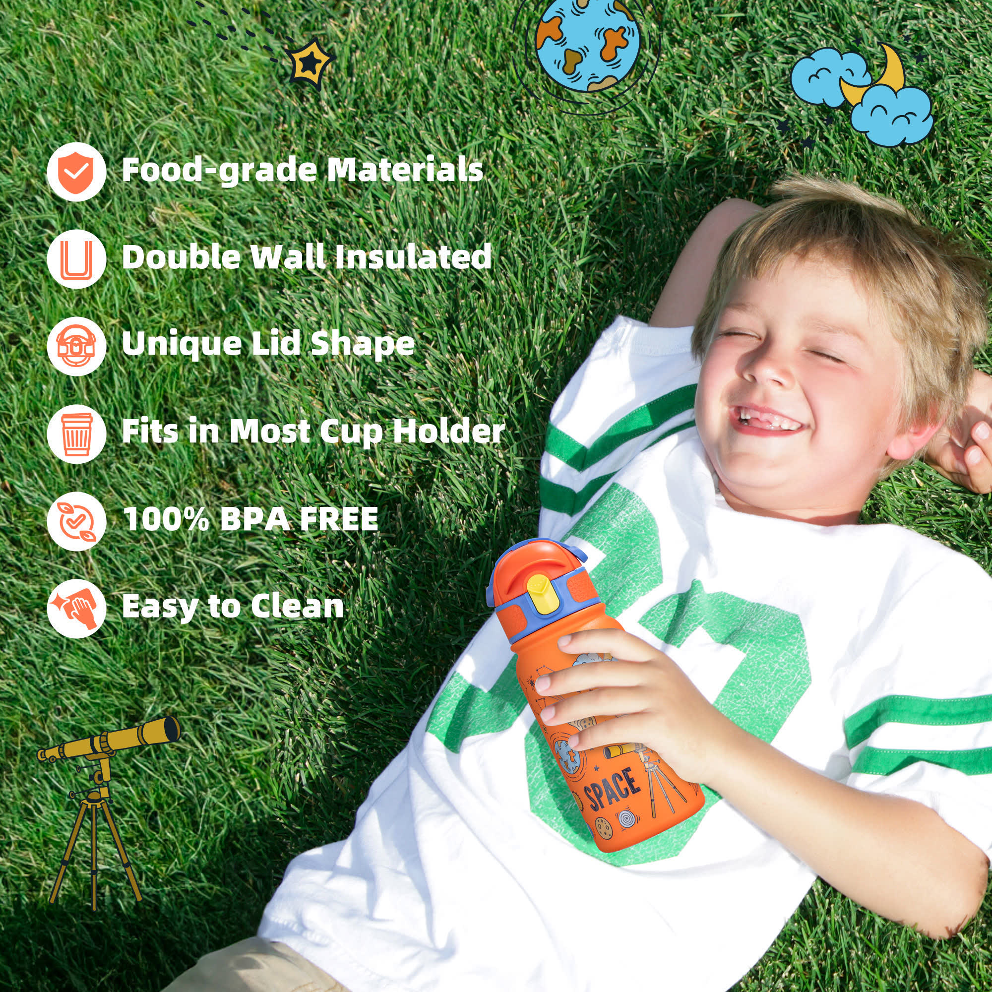 OLDLEY 12oz Kids Bottle termolahev Orange Space 350 ml nerez