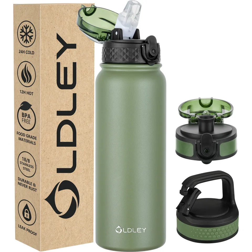 OLDLEY Triple Lid 20oz cestovní láhev olivová nerez