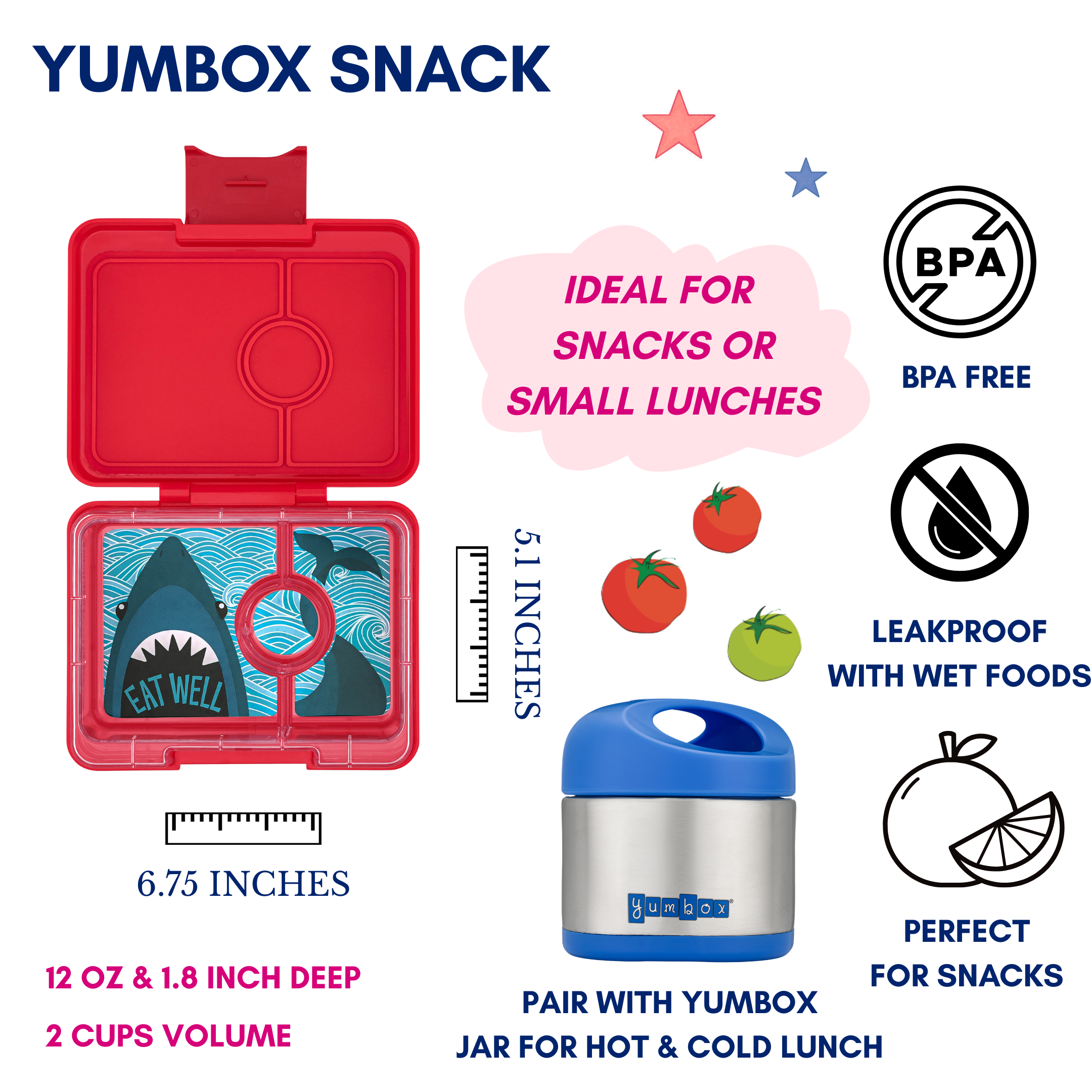 Yumbox Snack svačinový box Wow Red Shark 3 přihrádky