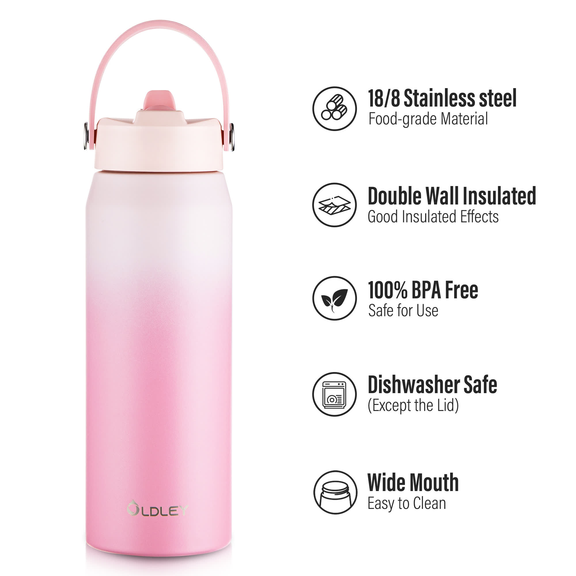 Oldley Gradient láhev na vodu 550 ml světle růžová nerez