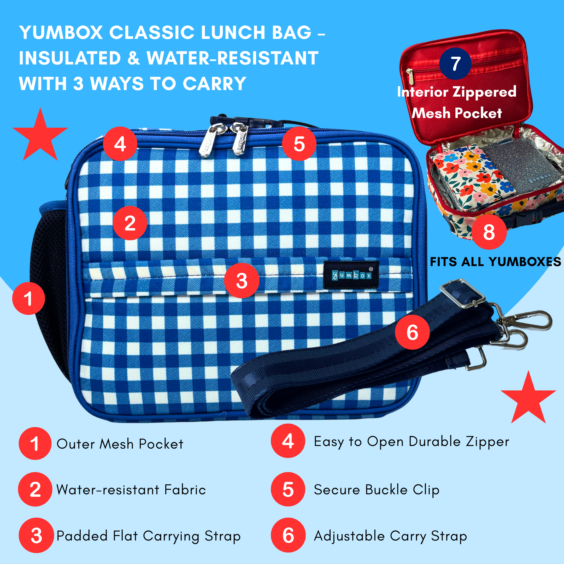 Yumbox Insulated Large Lunch Bag 3-Way Carry termo taška Vichy Blue