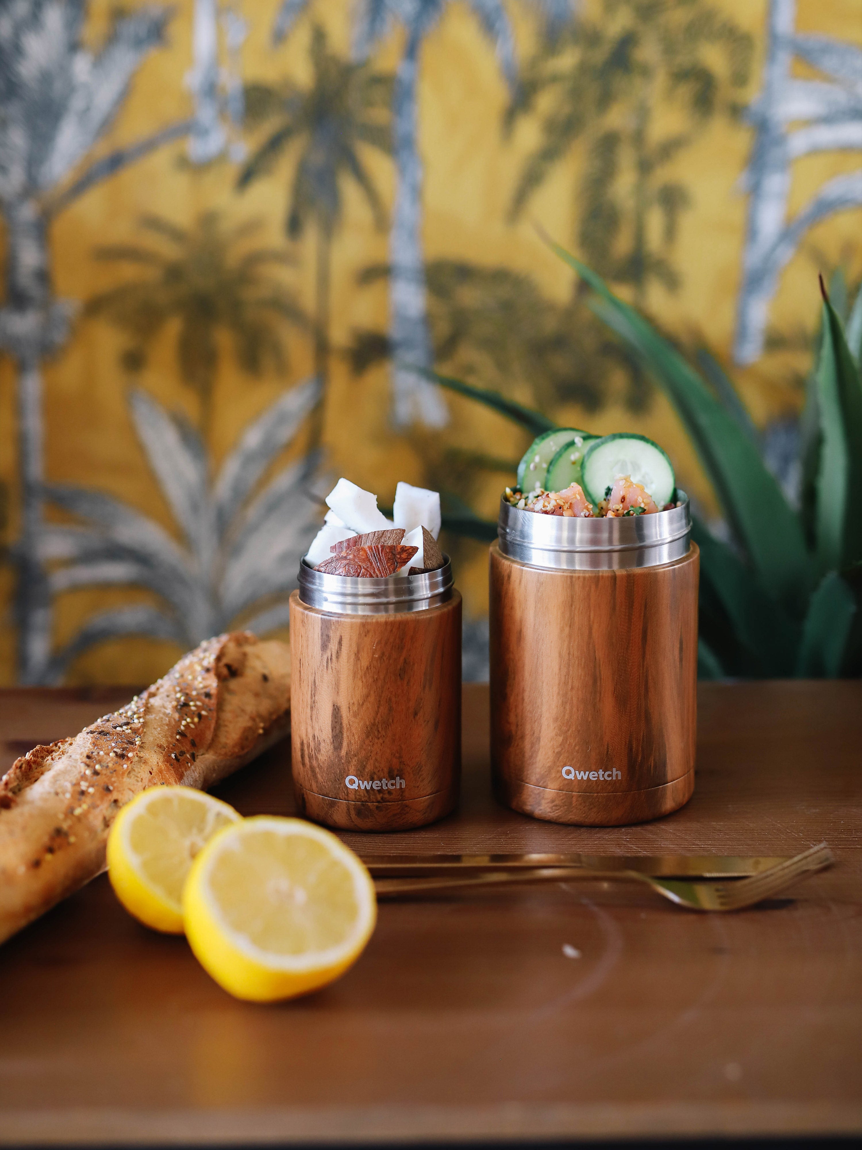 Qwetch Compact termo dóza Wood 600 ml nerez