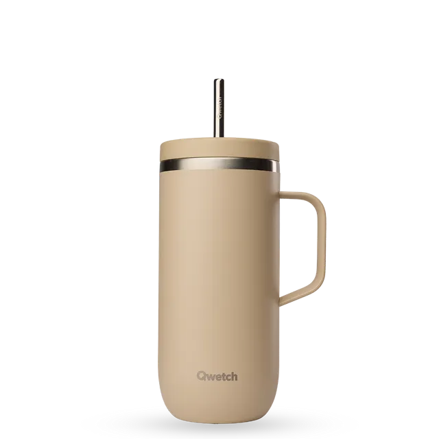 Qwetch Cold Cup termohrnek 600 ml světlý Lin s brčkem a uchem