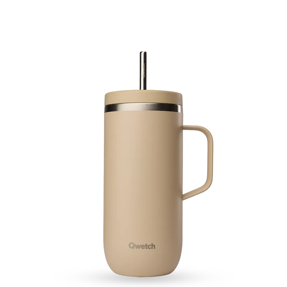 Qwetch Cold Cup termohrnek 600 ml světlý Lin s brčkem a uchem