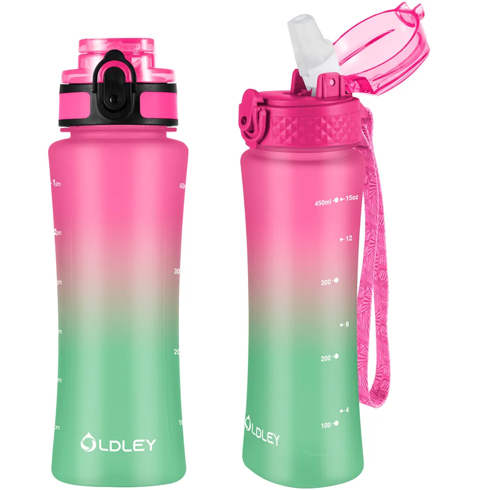 Oldley Dual Lid dětská láhev 450 ml růžovo-zelená se slámkou