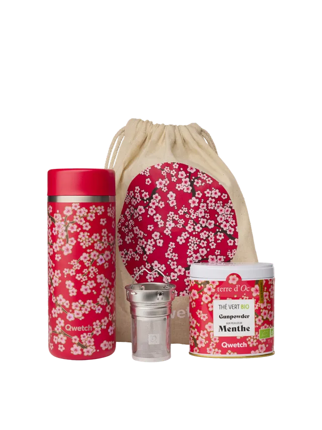 Qwetch Flowers termo konvička Rouge 400 ml dárková sada s čajem