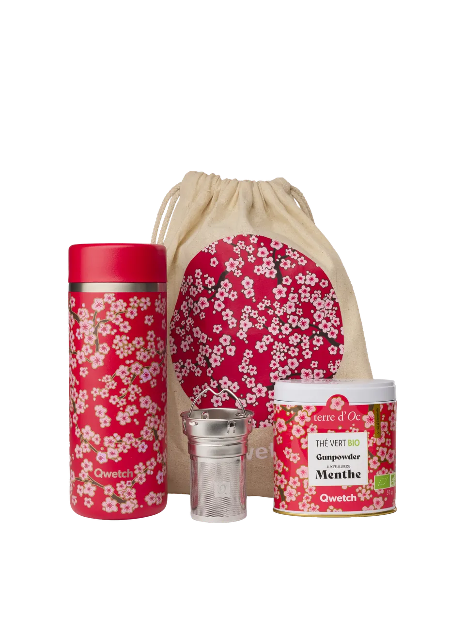 Qwetch Flowers termo konvička Rouge 400 ml dárková sada s čajem